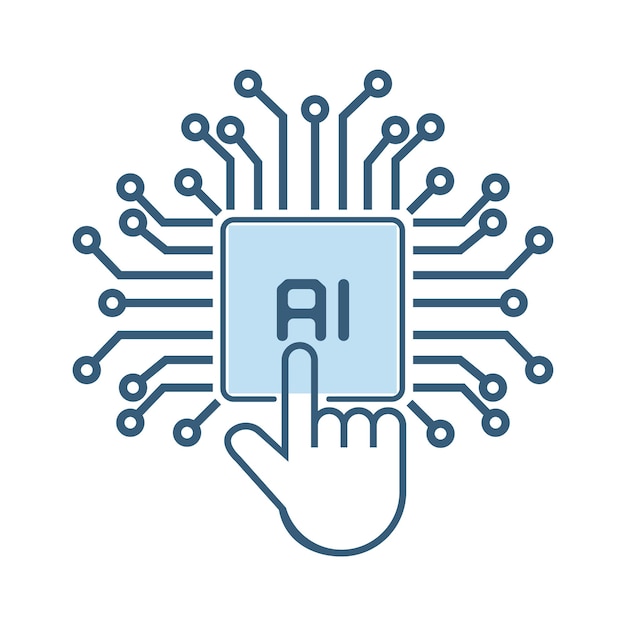 Vector línea de mano tocando un chip de icono de símbolo de sistema de circuito para tecnología de máquina robótica utilizada en ia