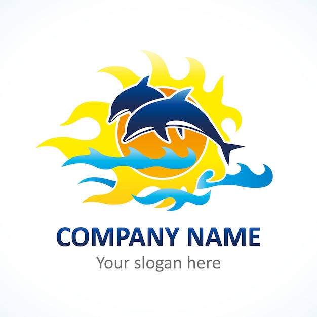 Línea de mar de delfines saltando y concepto de logotipo de luz solar ardiente Escuela de olas de mar de peces