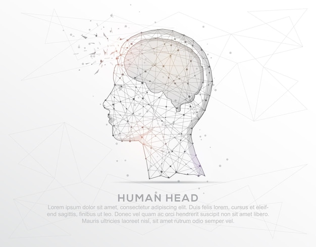 Vector línea de mezcla abstracta de cabeza humana y composición dibujada digitalmente en forma de triángulo roto y puntos dispersos