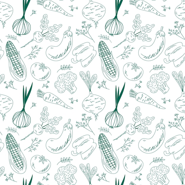 Línea monocromática de patrones sin fisuras con varias verduras orgánicas Fondo repetible con verduras saludables Ilustración lineal vectorial EPS