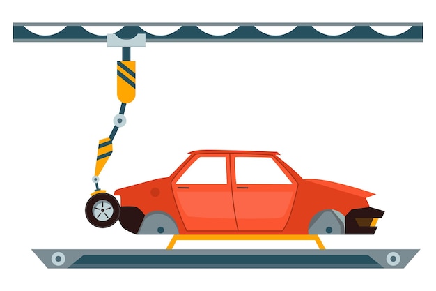 Vector línea de montaje de fábrica brazo robótico de la industria monta el coche en la cinta transportadora fábrica de automóviles con fabricación automatizada proceso de producción de vehículos con equipos innovadores automoción robótica