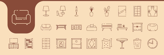 línea de muebles de sala de estar diseños vectoriales de iconos minimalistas