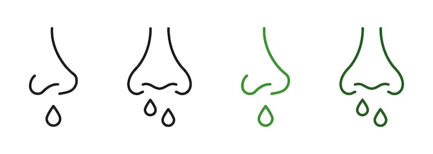 Línea de nariz con secreción Iconos en negro y color Alergia Sinusitis fría Síntomo Snot Contorno Conjunto de pictogramas