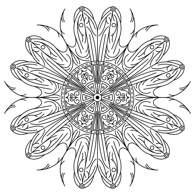 Línea negra abstracta Flor Naturaleza Doodle Vector Ornamento Monocromo Étnico Mandala Patrón Plantilla