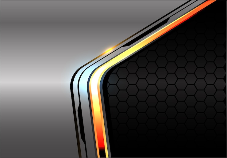 Vector línea negra clara anaranjada en la malla metálica hexagonal oscura.