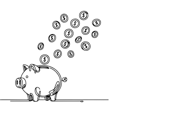 una línea negra continua de monedas cayendo en el banco de cerdos dibujo de estilo vectorial ilustración en blanco