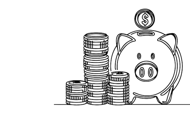 una línea negra continua de monedas cayendo en el banco de cerdos dibujo de estilo vectorial ilustración en blanco