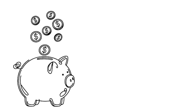 una línea negra continua de monedas cayendo en el banco de cerdos dibujo de estilo vectorial ilustración en blanco