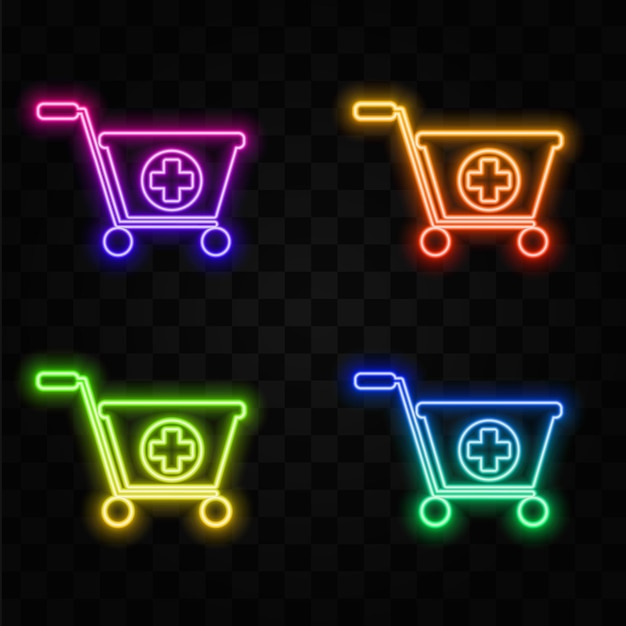 Línea de neón brillante Añadir al icono del carrito de compras aislado en el fondo de la pared de ladrillo Concepto de compra en línea