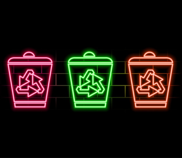 Línea de neón brillante Caixón de reciclaje con icono de símbolo de reciclado aislado en el fondo de la pared de ladrillo Reciclado