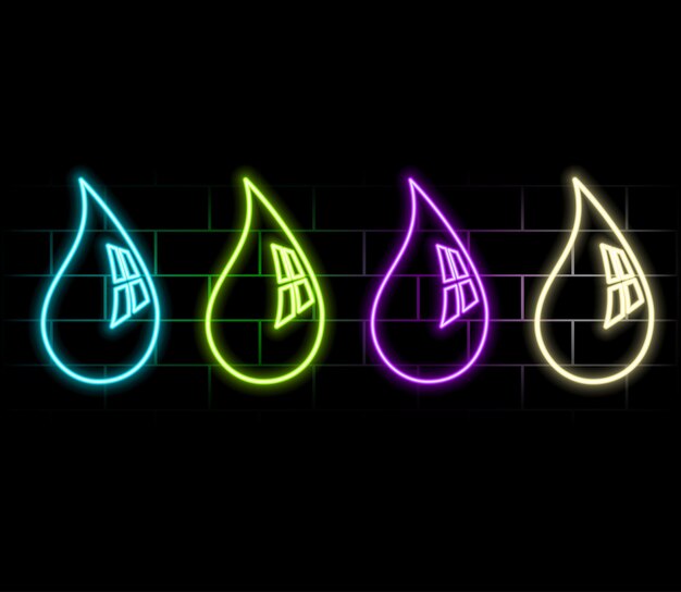 Línea de neón brillante de color azul y rosa Icono de gota de aceite y gota de agua aislados en fondo negro Ilustración de fondo3