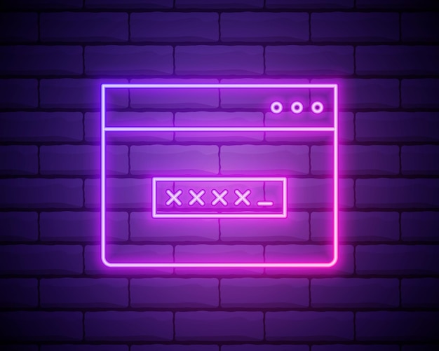 Línea de neón brillante Protección de contraseña e icono de acceso de seguridad aislado en el fondo de la pared de ladrillo Concepto de privacidad de protección de seguridad Ilustración vectorial