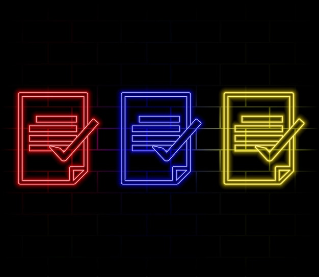 Línea de neón brillante Tablero de recortes con icono de lista de comprobación aislado en fondo negro Símbolo de lista de control