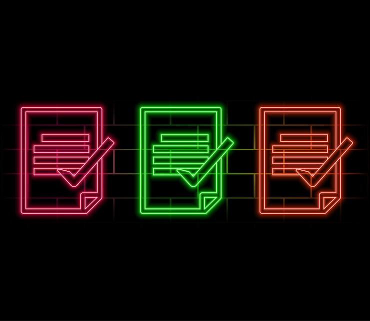 Vector línea de neón brillante tablero de recortes con icono de lista de comprobación aislado en el fondo de la pared de ladrillo símbolo de lista de control