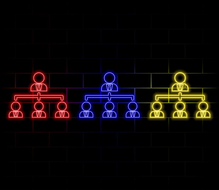 Vector línea de neón un equipo de personas icono 3 personas icono animado en fondo negro