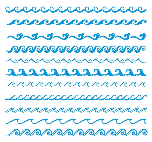 Vector línea de olas de surf en el mar y el océano bordes de agua azul divisores vectoriales con patrón ondulado de olas de playa de verano remolinos de marea y curvas ondas de río y adornos de líneas onduladas