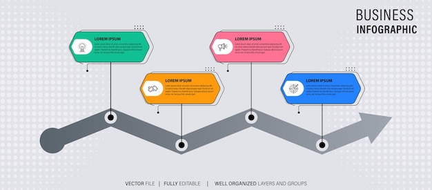Línea paso infografía 4 opciones diagrama de flujo de trabajo círculo línea de tiempo número infografía pasos del proceso c