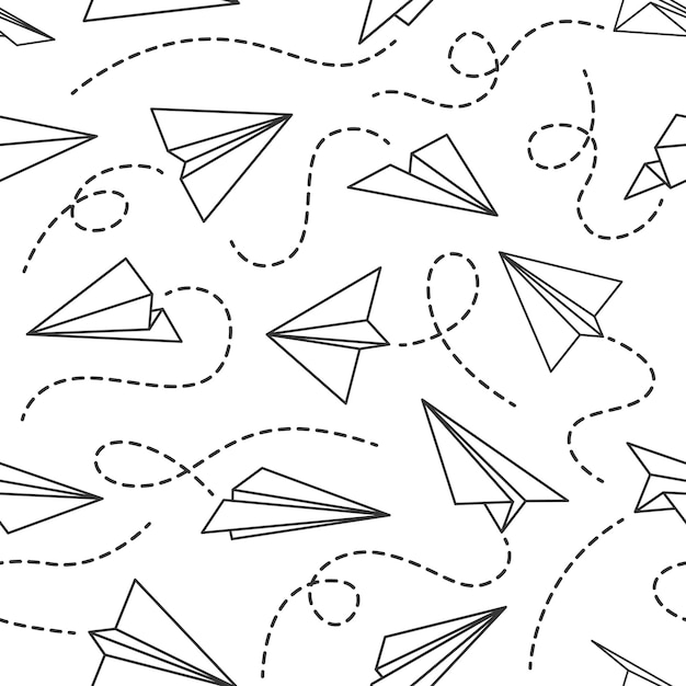 Línea de patrones sin fisuras de avión de papel. Aviones voladores desde diferentes direcciones con pistas de líneas punteadas, textura de vector de papel tapiz de dibujo negro, tela. Vuelo posterior a la entrega, concepto de invención
