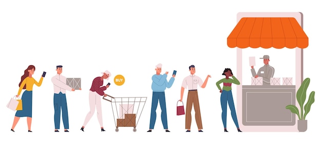 Vector línea de personas de compras en línea cola de gran venta de comercio electrónico clientes de tiendas móviles mercado en línea o conjunto de ilustración de vector de cola de tienda de comestibles compradores esperando en línea para recibir cajas con paquete