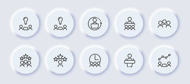 Línea de personas Conjunto de iconos Neomorfismo comunicación evaluación estrellas bombilla idea negocio plan equipo debate sociedad horas Concepto Comunicación Vector neomorfismo línea negra conjunto de iconos