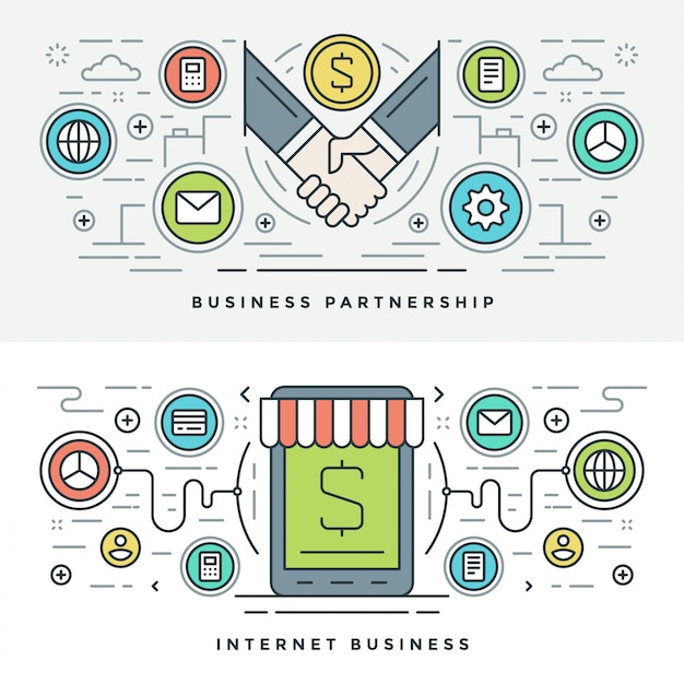 Vector línea plana de asociación empresarial e internet. ilustracion vectorial