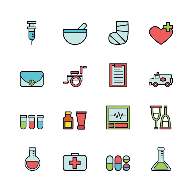 Vector línea plana coloridos iconos médicos