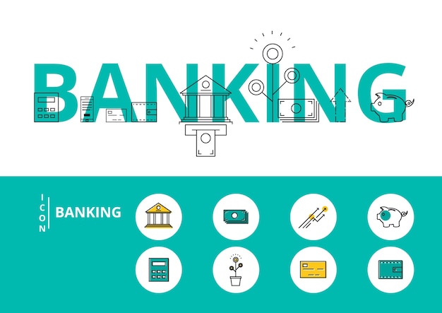 Línea plana diseño palabra BANKING concepto con iconos y elementos.