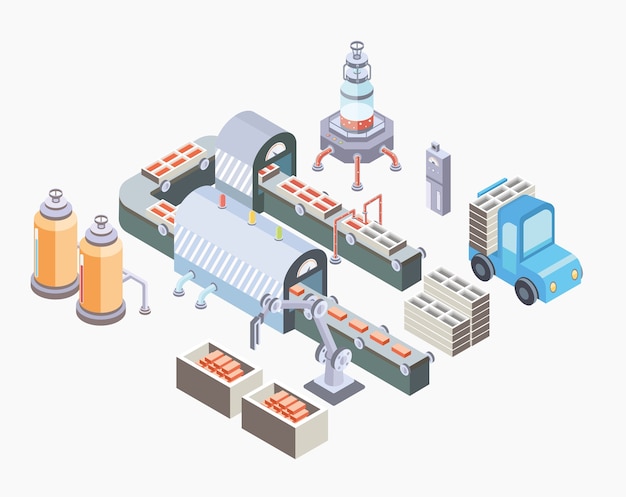 Vector línea de producción automatizada. planta de fábrica con cinta transportadora y varias máquinas. ilustración en proyección isométrica, aislado sobre fondo blanco.