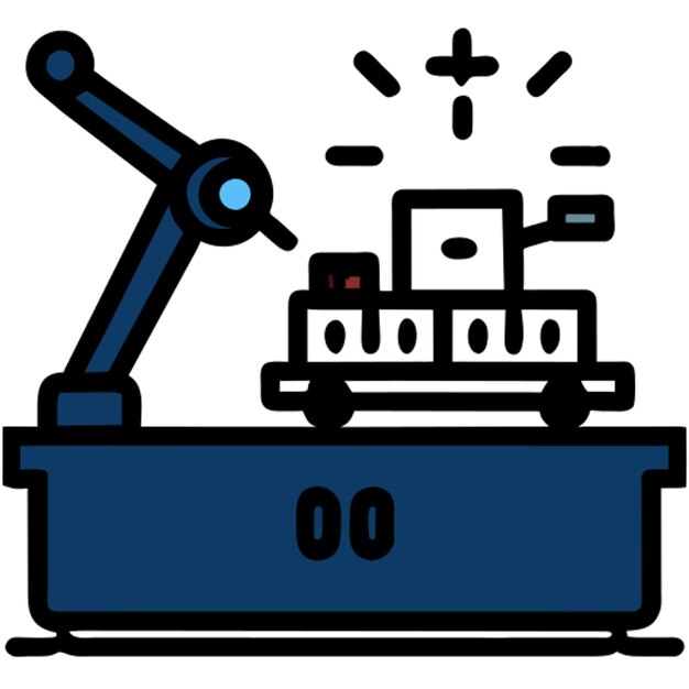 línea de producción con un icono de robot de ensamblaje con contorno de colores