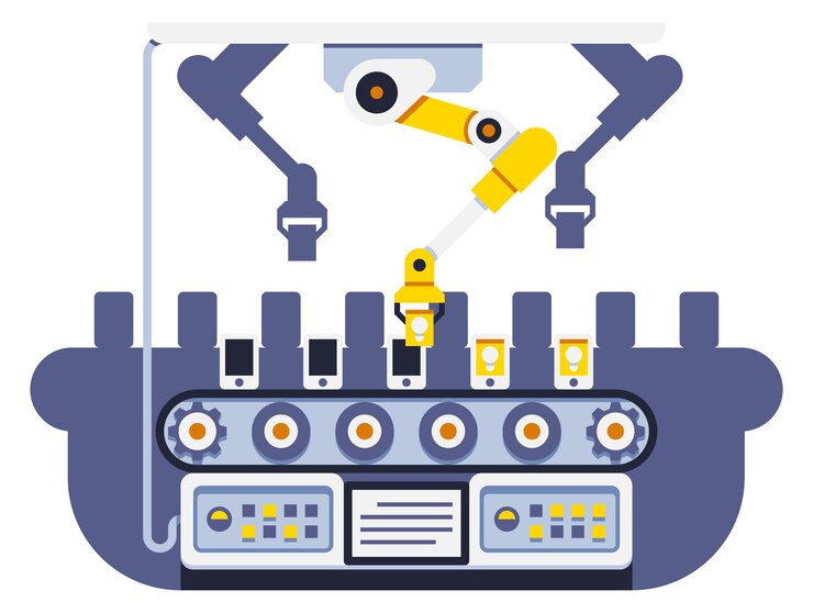 Vector línea de producción de teléfonos inteligentes en fabricación automática con brazo robótico