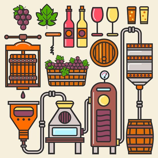 Vector línea de producción de vinos o vinicultura.