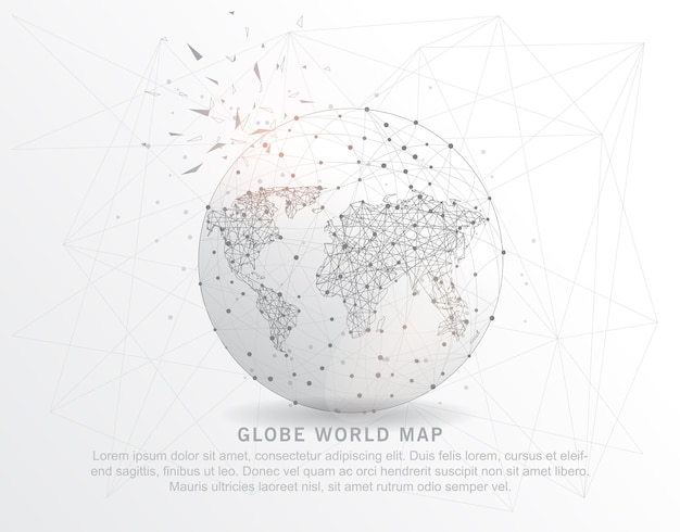 Línea de puntos de forma de mapa mundial de globo y composición dibujada digitalmente en forma de triángulo roto y puntos dispersos