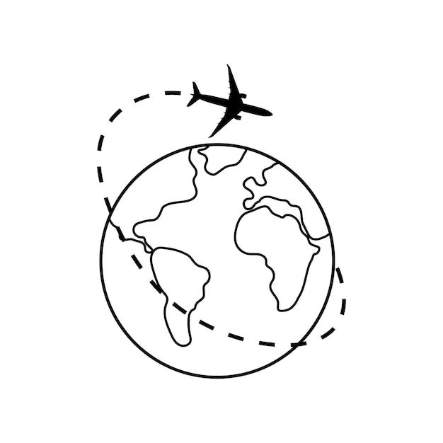 Línea de puntos de la ruta de la aeronave alrededor del planeta Tierra. Turismo y viajes. Ilustración vectorial.