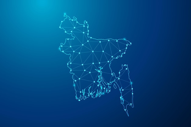 Línea de puré abstracta y punto con mapa del vector de línea de red poligonal de Bangladesh.