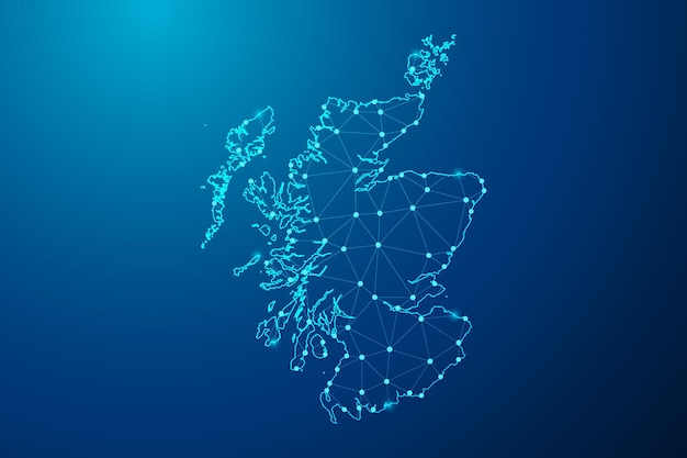 Línea de puré abstracta y punto con mapa del vector de línea de red poligonal de Escocia.