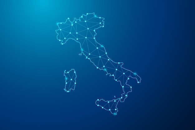 Línea de puré abstracta y punto con el mapa del vector de línea de red poligonal de Italia.