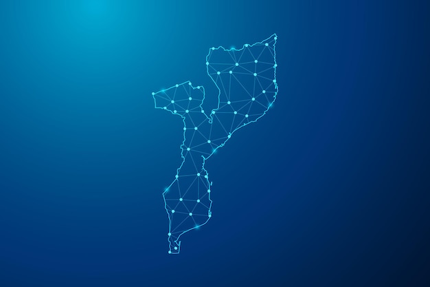 Línea de puré abstracta y punto con mapa del vector de línea de red poligonal de Mozambique.