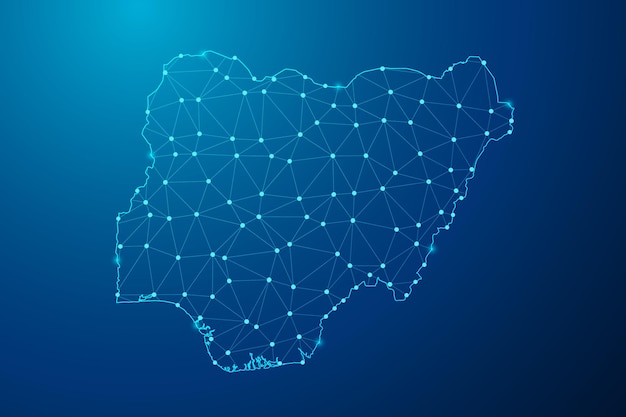 Línea de puré abstracta y punto con mapa del vector de línea de red poligonal de Nigeria.
