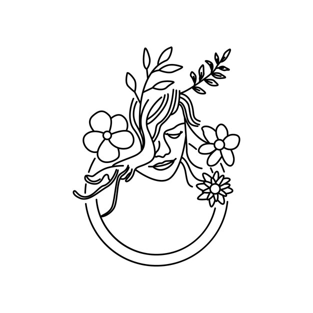 Línea simple art deco hembra decorada con hojas ilustración vectorial Belleza mujer elegante dibujo a mano