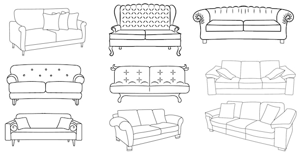 Línea de sofá Iconos Diseño de muebles Colección de ilustración de sofá Conjunto de muebles modernos