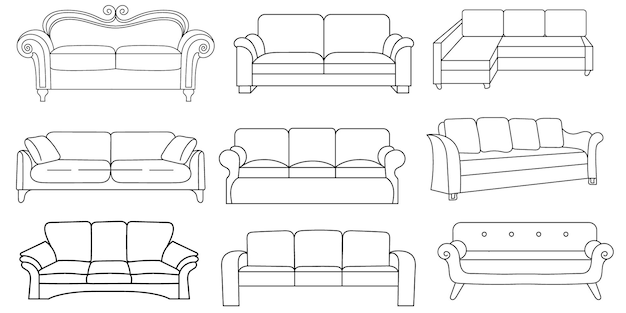 Línea de sofá Iconos Diseño de muebles Colección de ilustración de sofá Conjunto de muebles modernos