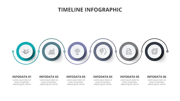 Línea de tiempo con 6 círculos y una línea en zigzag. Concepto creativo para la línea de tiempo de infografía.