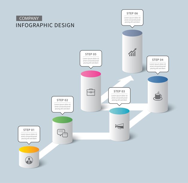 Línea de tiempo del cilindro de infografía para el éxito empresarial con plantilla de datos de 6 números