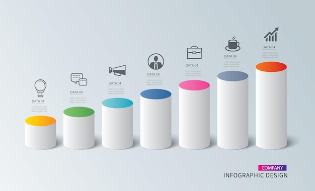 Línea de tiempo de cilindro de infografía con plantilla de datos de 7 números Fondo abstracto de ilustración vectorial