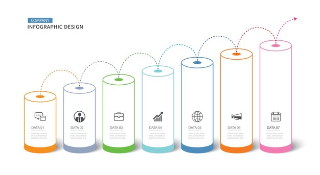 Vector línea de tiempo de cilindro de infografía con plantilla de datos de 7 números fondo abstracto de ilustración vectorial