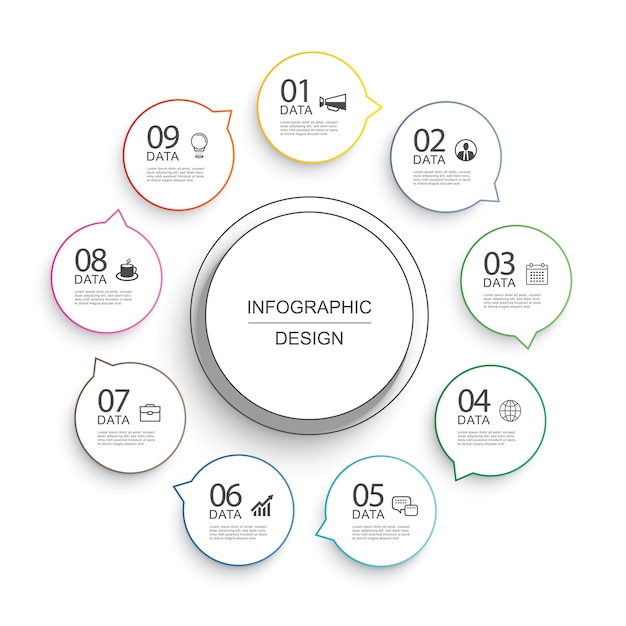 Línea de tiempo del círculo infográfico con plantilla de datos de 9 números fondo abstracto de ilustración vectorial