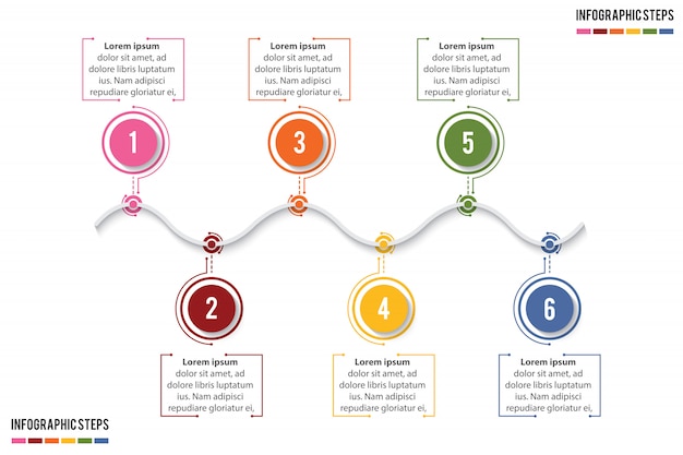 Vector línea de tiempo colorida infografía con sala de estar de 6 pasos