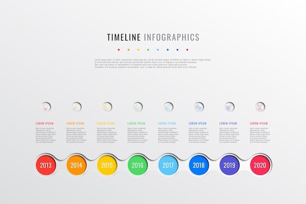 línea de tiempo comercial horizontal con 8 elementos redondos indicación de año y cuadros de texto en blanco