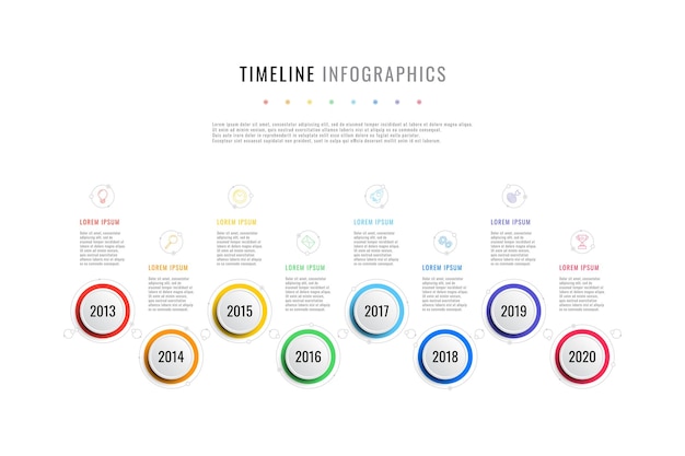 línea de tiempo comercial horizontal con 8 elementos redondos indicación de año y cuadros de texto en blanco