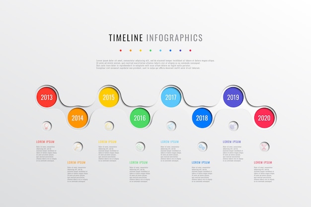 Vector línea de tiempo comercial horizontal con 8 elementos redondos indicación de año y cuadros de texto en blanco